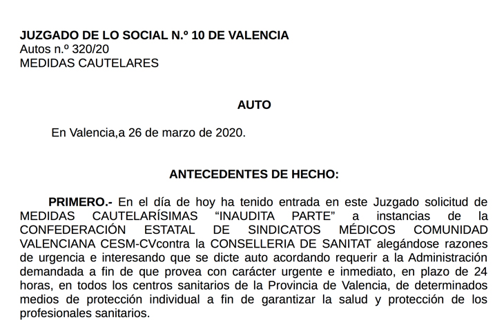 El juzgado da 24h a la conselleria de Sanidad para que dote de EPIs a los profesionales sanitarios El juzgado da 24h a la conselleria de Sanidad para que dote de EPIs a los profesionales sanitarios