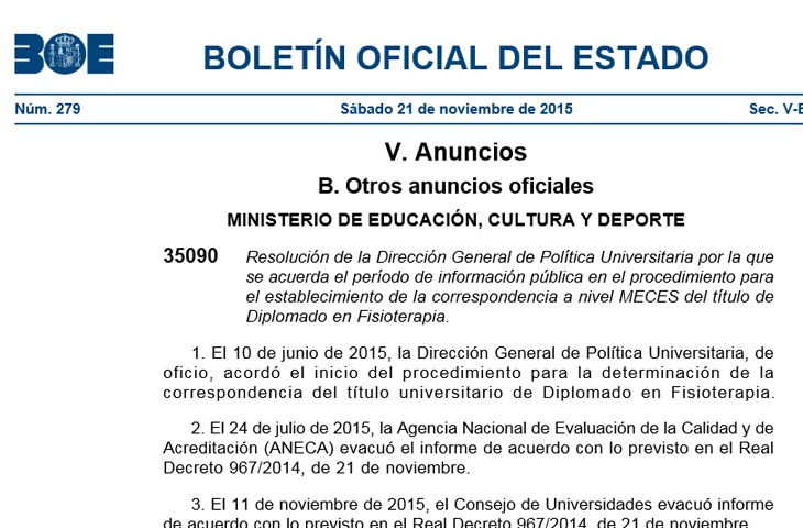 Abierto el período de información pública en el procedimiento para el establecimiento de la correspondencia a nivel MECES del título de Diplomado en Fisioterapia