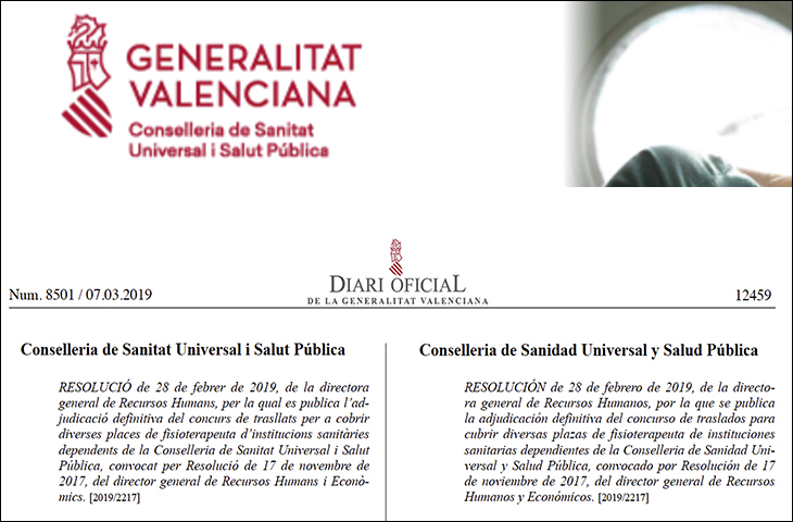Adjudicación definitiva del concurso de traslados para cubrir diversas plazas de fisioterapeuta de la sanidad pública Adjudicación definitiva del concurso de traslados para cubrir diversas plazas de fisioterapeuta de la sanidad pública