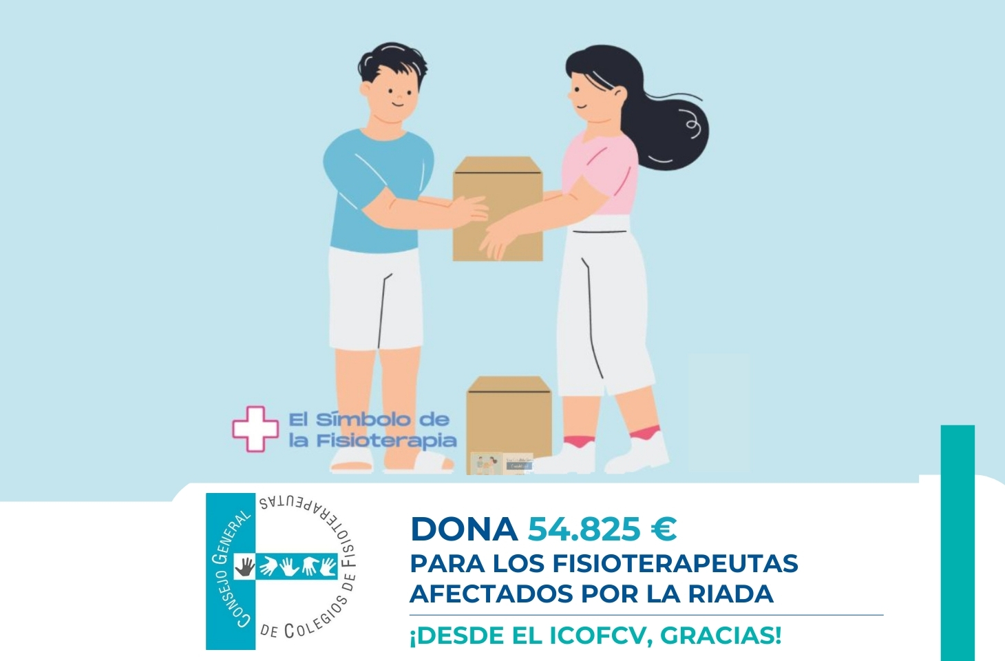 El CGCFE dona más de 54.000 euros al ICOFCV para apoyar a los fisioterapeutas damnificados por la riada de Valencia El CGCFE dona más de 54.000 euros al ICOFCV para apoyar a los fisioterapeutas damnificados por la riada de Valencia