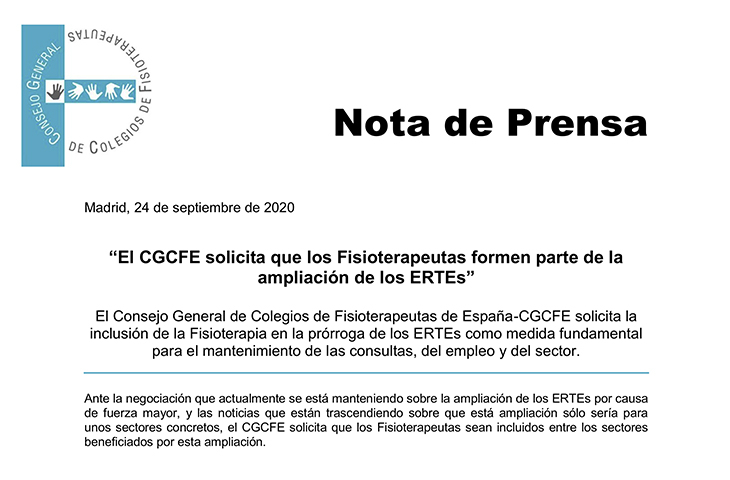 El CGCFE solicita que los fisioterapeutas formen parte de la ampliación de los ERTE 