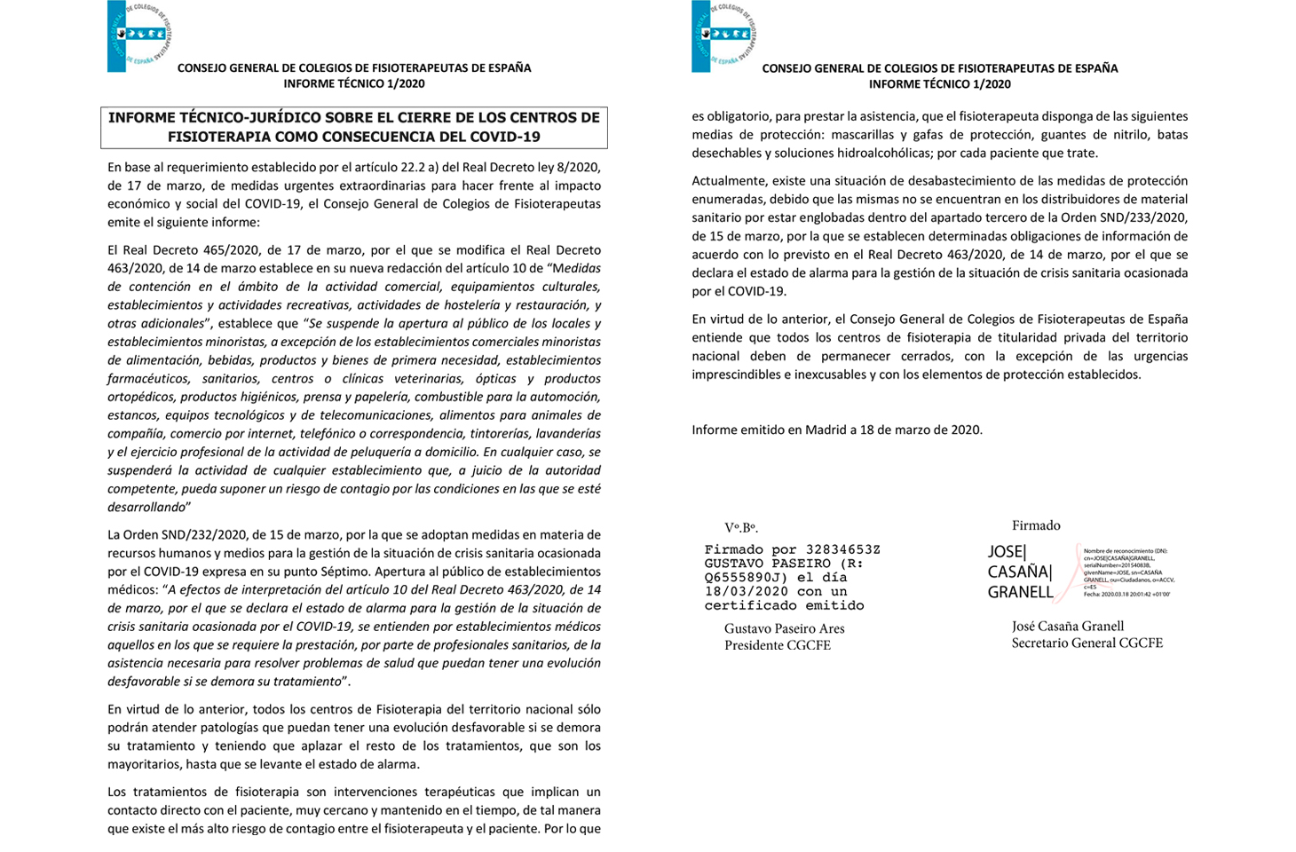 El CGCFE, con el apoyo de los Colegios de Fisioterapia, emite un informe técnico sobre el cierre de los centros de Fisioterapia como consecuencia del Covid-19 