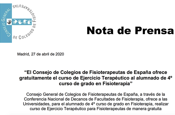 El CGCFE ofrece gratuitamente el curso de Ejercicio Terapéutico al alumnado de 4º curso de grado en Fisioterapia El CGCFE ofrece gratuitamente el curso de Ejercicio Terapéutico al alumnado de 4º curso de grado en Fisioterapia