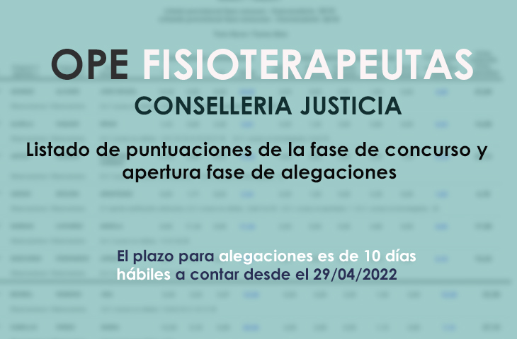 Publicado el listado de puntuaciones de la fase de concurso y apertura de fase de alegaciones de la OPE de Conselleria de Justicia para Fisioterapeutas 
