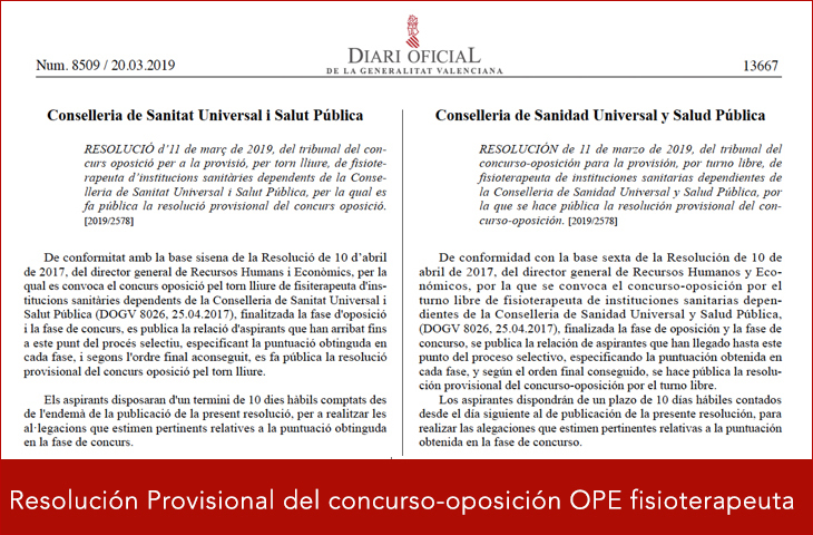 Publicada la resolución provisional del concurso-oposición de la OPE de fisioterapeuta de Sanidad Publicada la resolución provisional del concurso-oposición de la OPE de fisioterapeuta de Sanidad