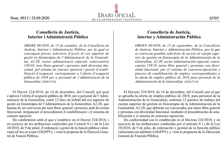 Publicada convocatoria oposición para fisioterapeutas de la Conselleria de Justicia y Administración Pública 