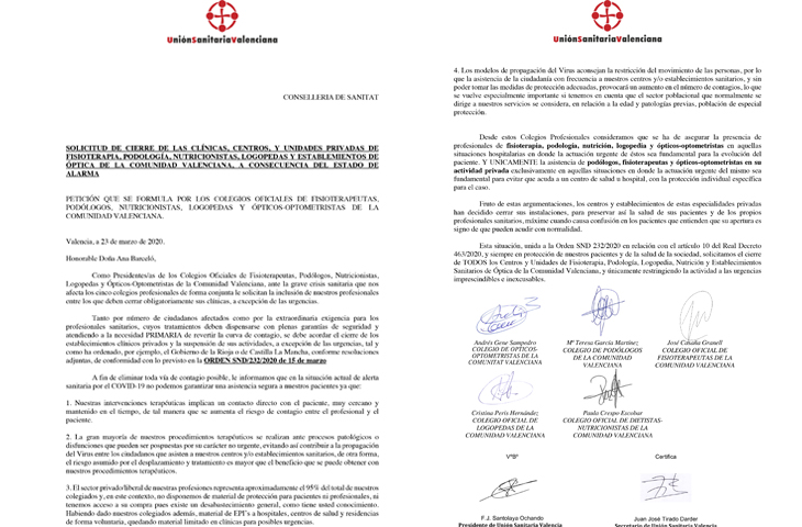 LA USV solicita a conselleria de Sanidad que decrete el cierra de las clínicas LA USV solicita a conselleria de Sanidad que decrete el cierra de las clínicas