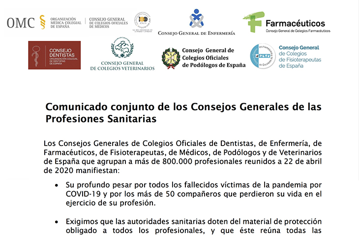 Comunicado conjunto de los Consejos Generales de las Profesiones Sanitarias