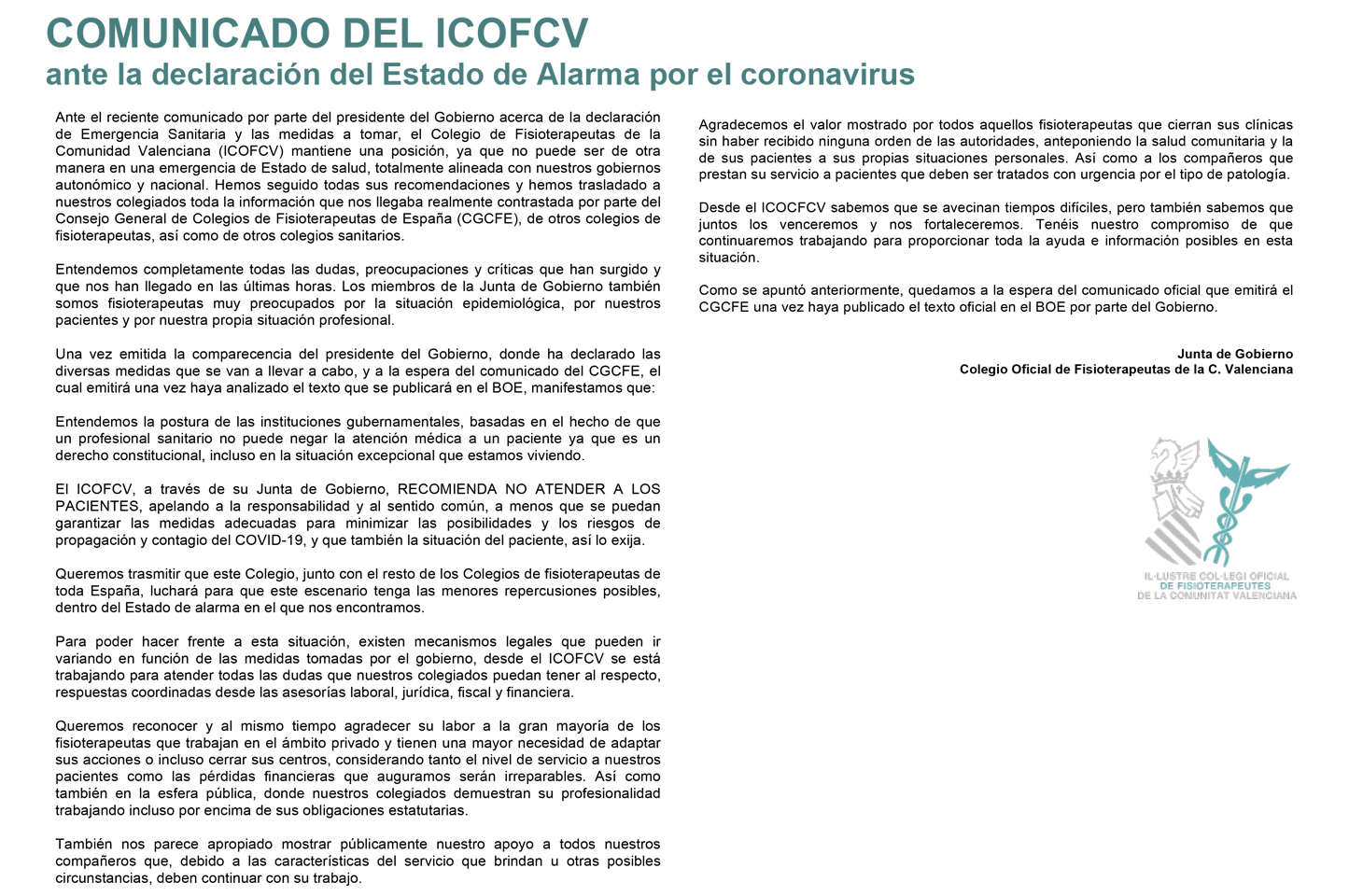 Comunicado del ICOFCV respecto al Estado de Alarma decretado por el Gobierno en relación al Covid-19