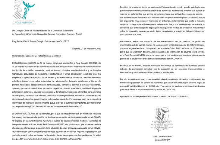 El ICOFCV solicita a la Conselleria de Economía que autorice los ERTES que presenten los centros de Fisioterapia por causa de fuerza mayor El ICOFCV solicita a la Conselleria de Economía que autorice los ERTES que presenten los centros de Fisioterapia por causa de fuerza mayor