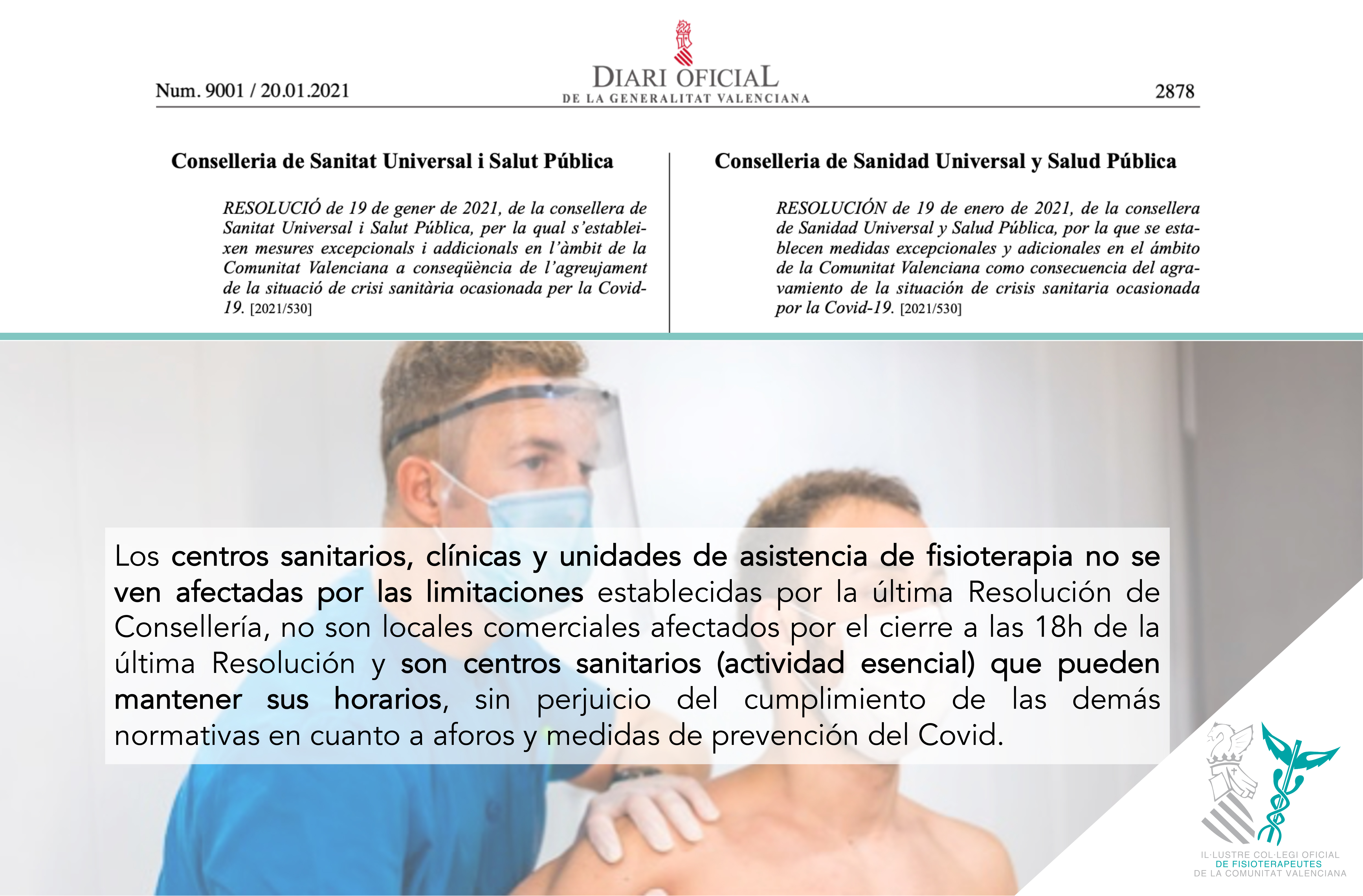 Las clínicas de fisioterapia son centros sanitarios, por lo tanto, pueden mantener sus horarios de apertura (nuevas restricciones COVID-19) Las clínicas de fisioterapia son centros sanitarios, por lo tanto, pueden mantener sus horarios de apertura (nuevas restricciones COVID-19)