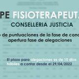 Publicado el listado de puntuaciones de la fase de concurso y apertura de fase de alegaciones de la OPE de Conselleria de Justicia para Fisioterapeutas 