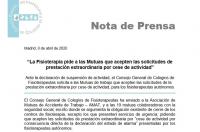 La Fisioterapia pide a las Mutuas que acepten las solicitudes de prestación extraordinaria por cese de actividad