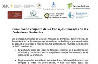 Comunicado conjunto de los Consejos Generales de las Profesiones Sanitarias